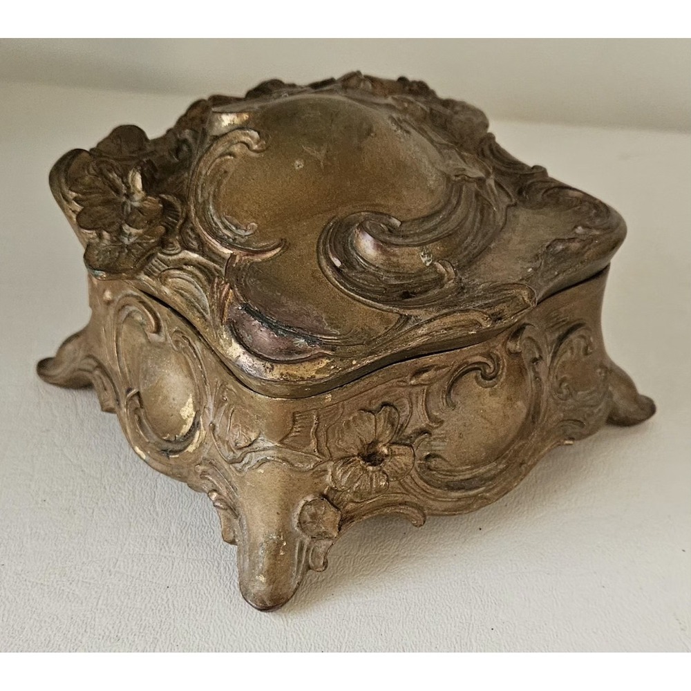 Antique 5" Victorian Art Nouveau Gilded Brass Ring Trinket Jewelry Box